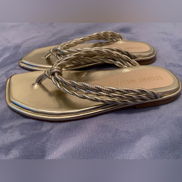 Stuart Weitzman Women’s Metallic Napa Woven Calypso Flat Sandals| size 8 1/2 - Picture 2 of 9